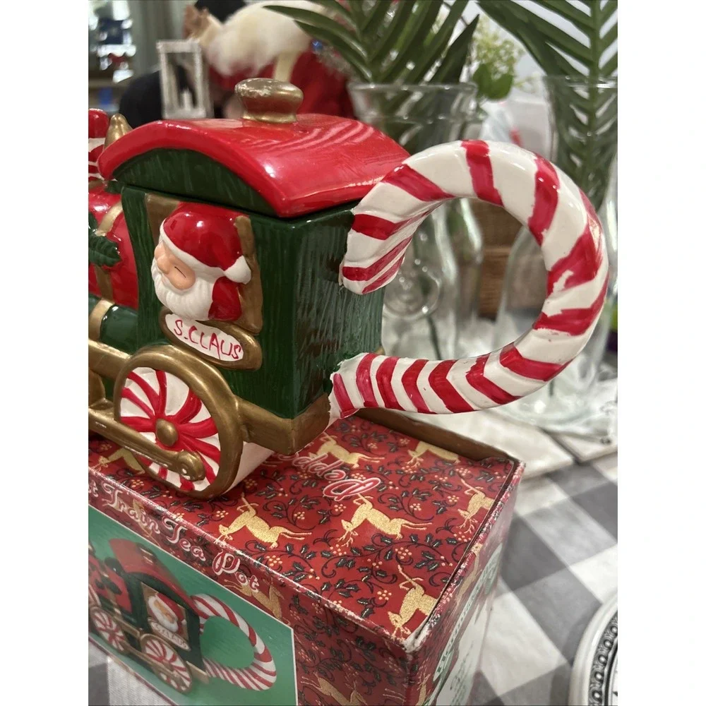 Vintage‎ Peppermint Santa Train Teapot In Box 1994 Hermitage Pottery WITH LID